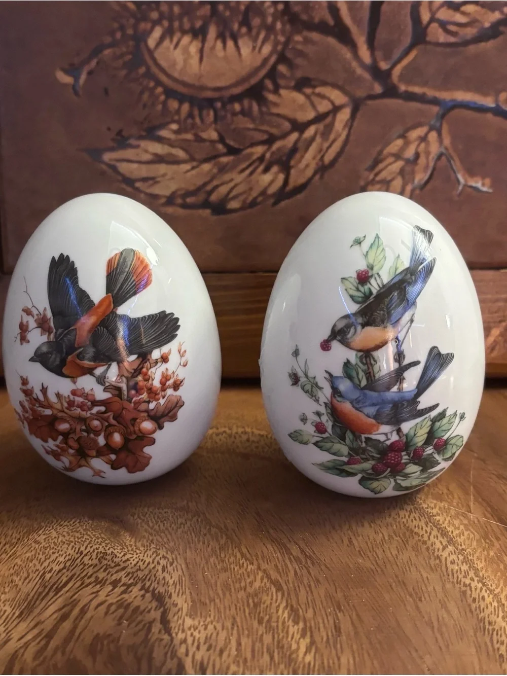 Porcelain Bird Egg Figurines - Blue & Orange Bird Design